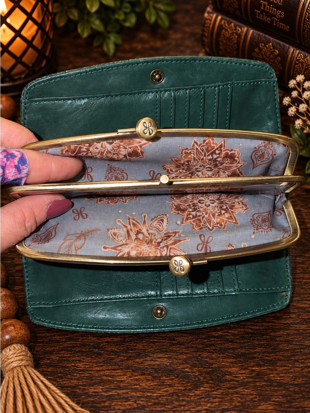 HOBO Forest Green Leather Kiss Lock Frame Wallet Vintage Style